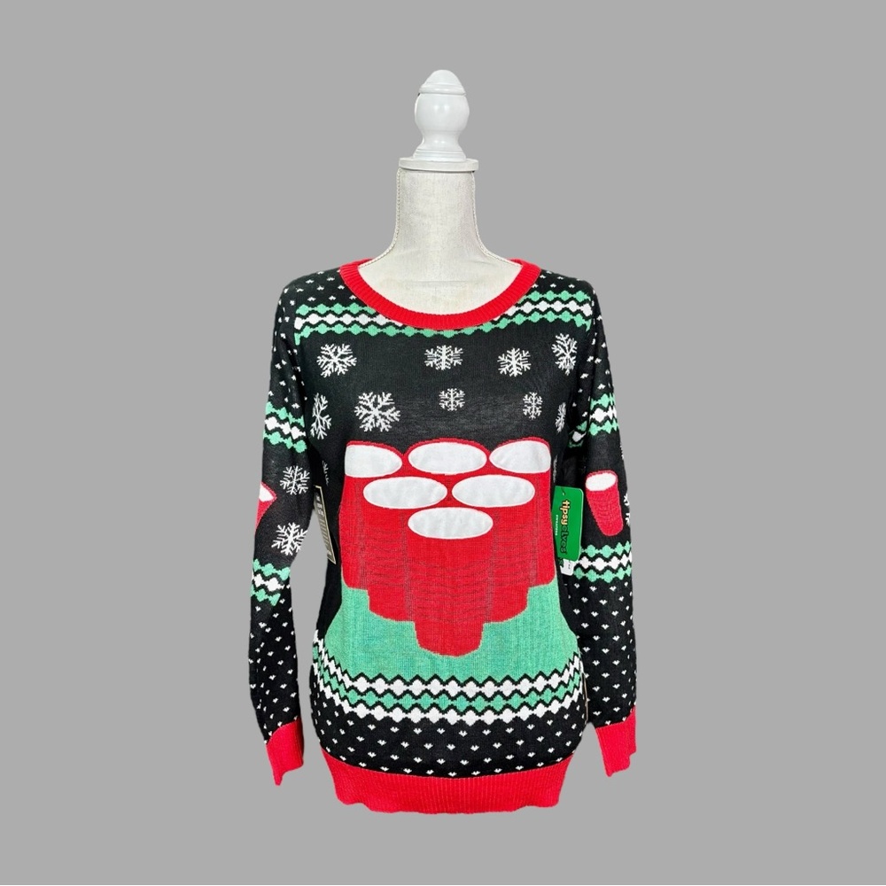 Tipsy Elves Ugly Christmas Sweater Beer Pong Game Red Black Green with Game Sz S